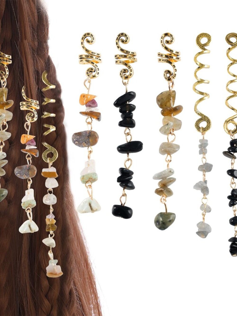 Natural Stone Hair Charms for Braids & Dreadlocks, Set of 6